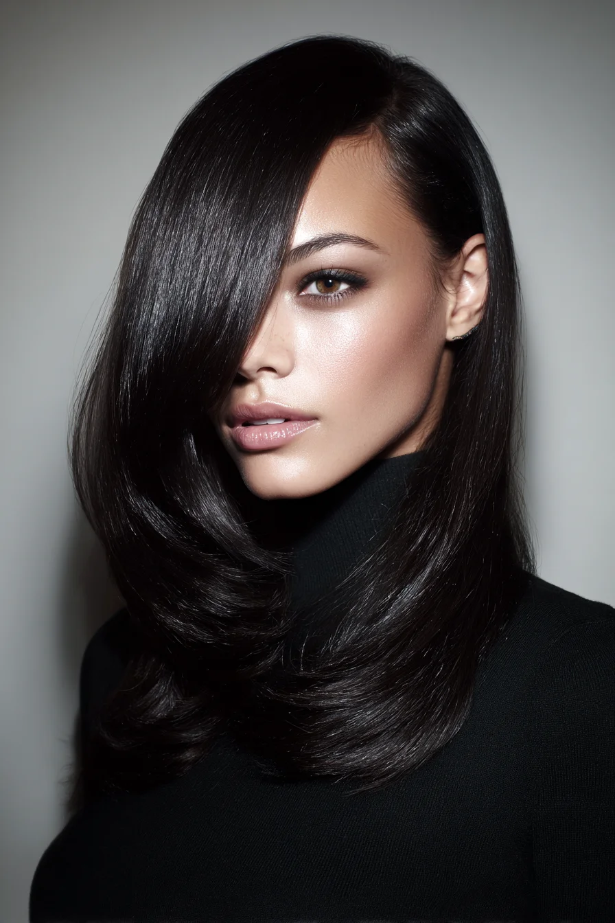 Sleek Long Layered Cut with Deep Side Sweep and Blunt Ends