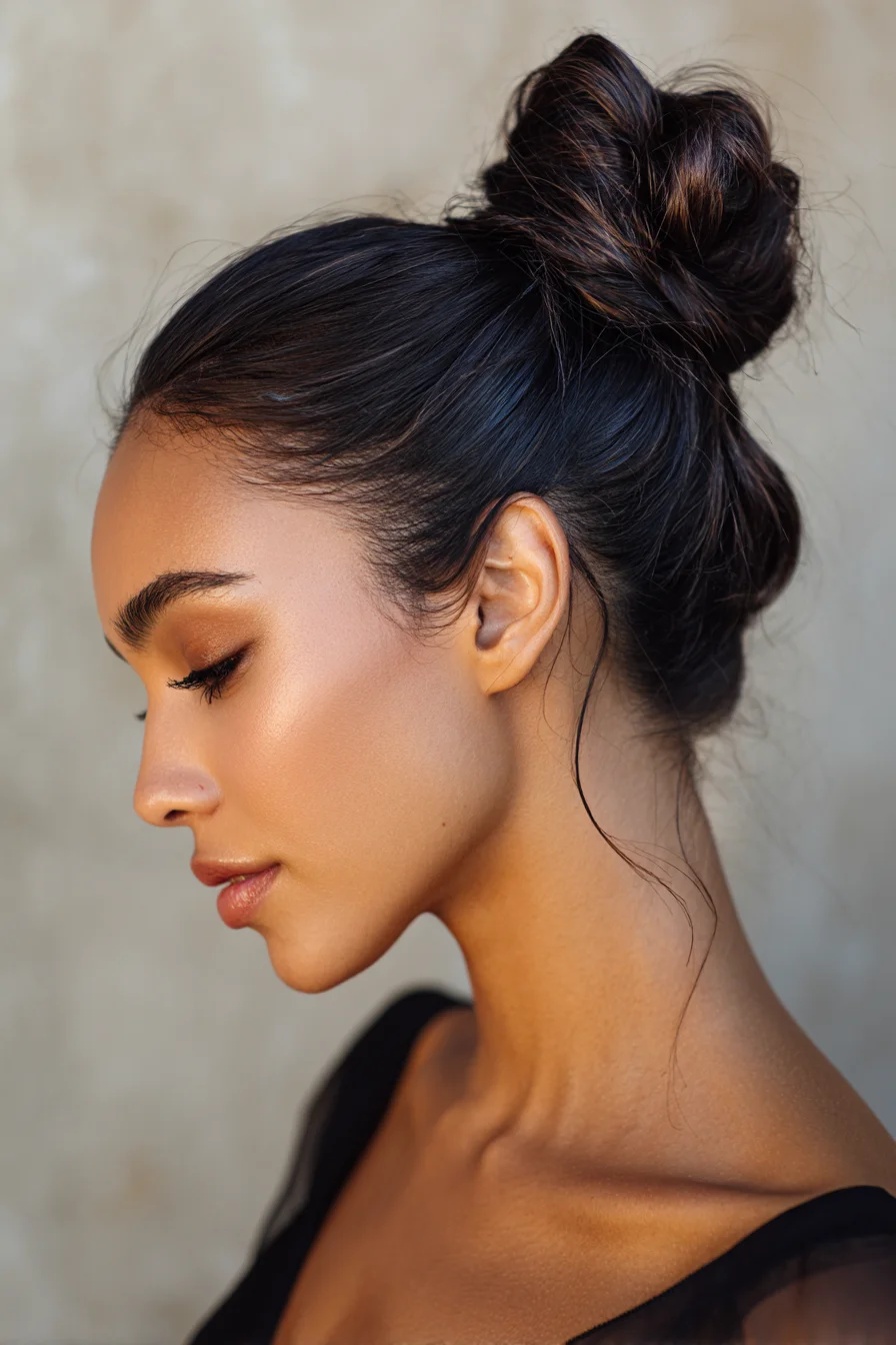 Sleek Messy Top Knot Bun with Face‑Framing Tendrils