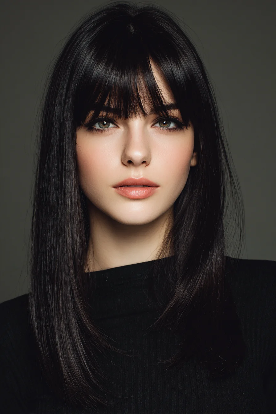 Sleek Mid-Length Straight Cut with Wispy Blunt Bangs