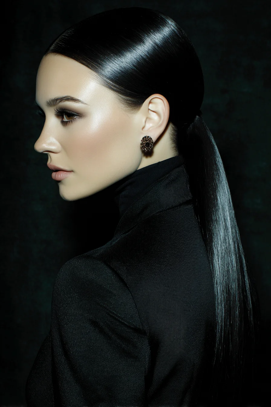 Sleek Polished Low Ponytail with Mirror-Shine Finish
