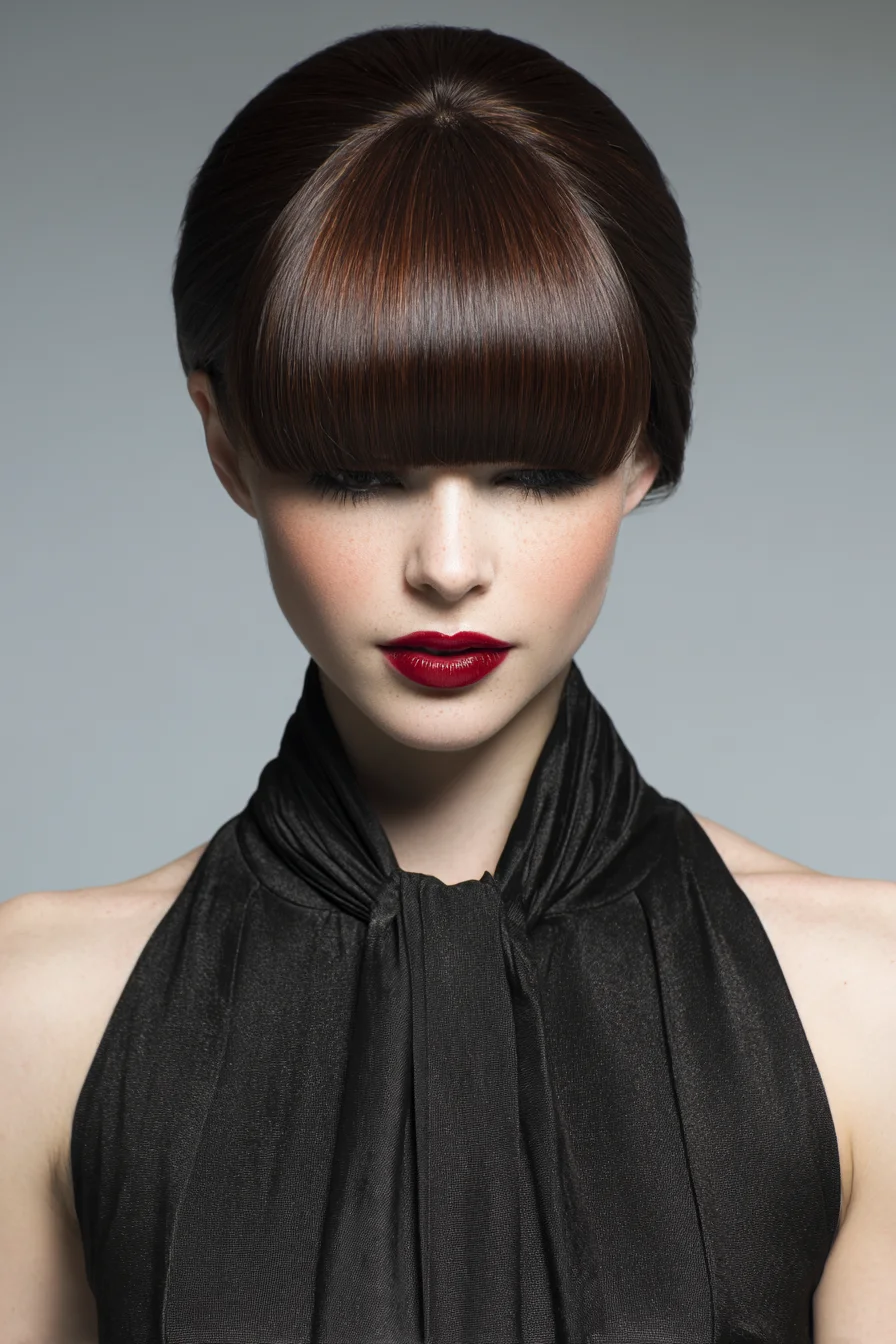 Sleek Rounded Blunt Fringe with Low Sleek Bun