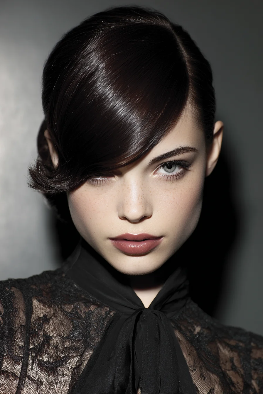 Sleek Side-Swept Fringe with Low Tuck — Glossy Vintage Finish