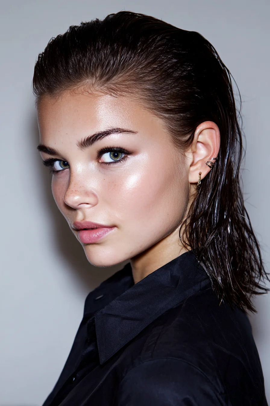 Sleek Slicked-Back Wet-Look Lob | Textured Short Hair