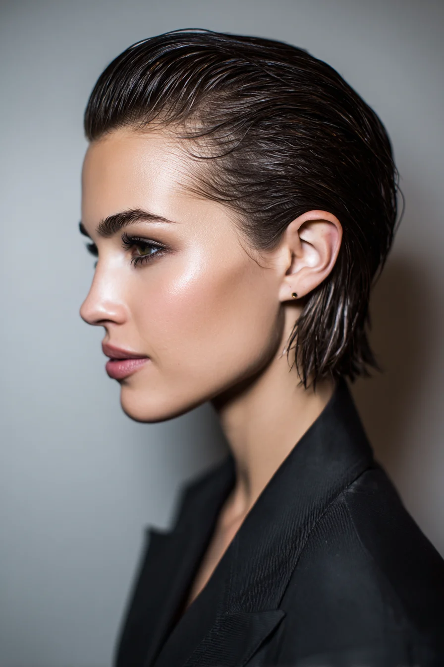 Sleek Slicked-Back Wet-Look Short Bob