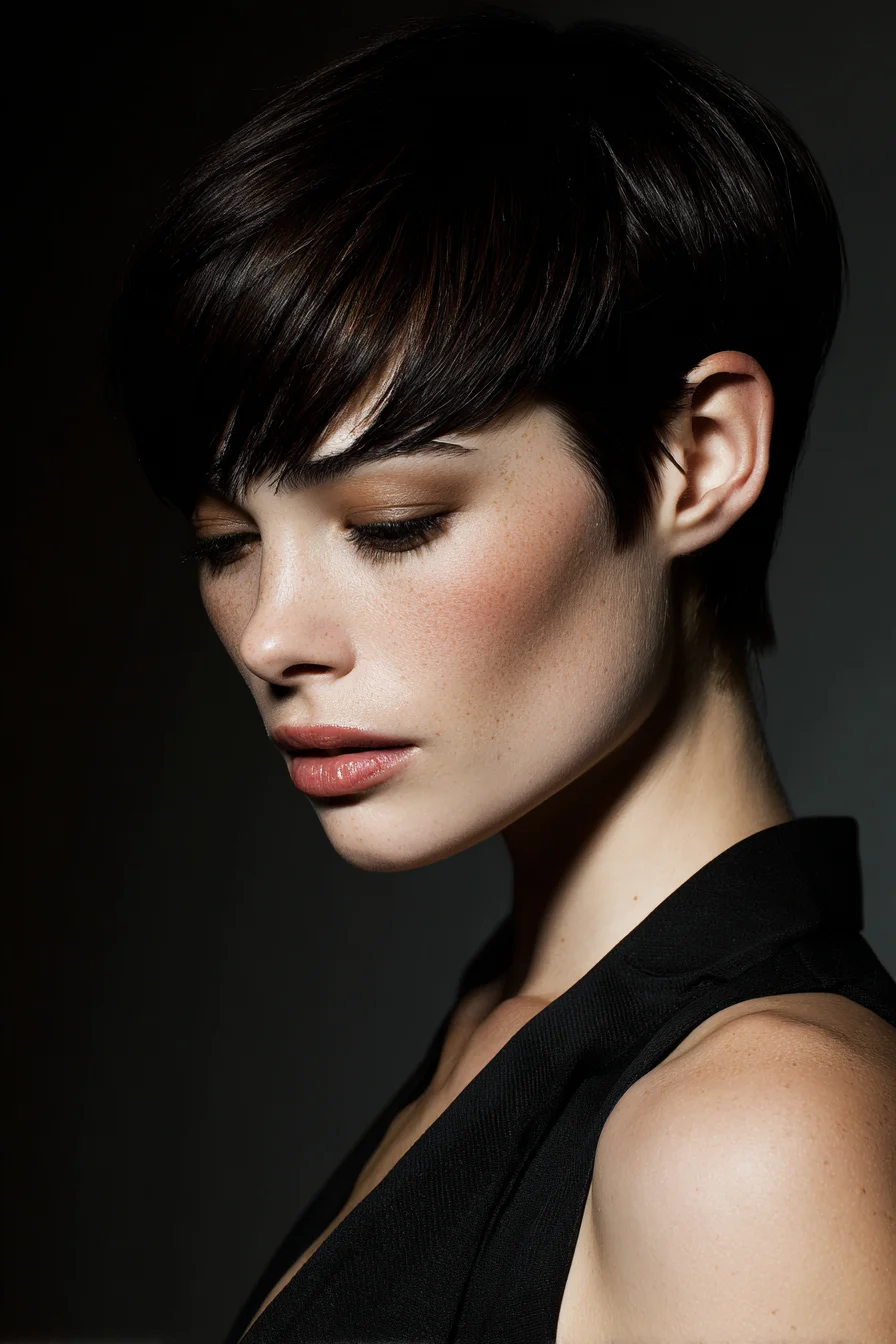 Sleek Textured Pixie Cut with Long Side‑Swept Fringe