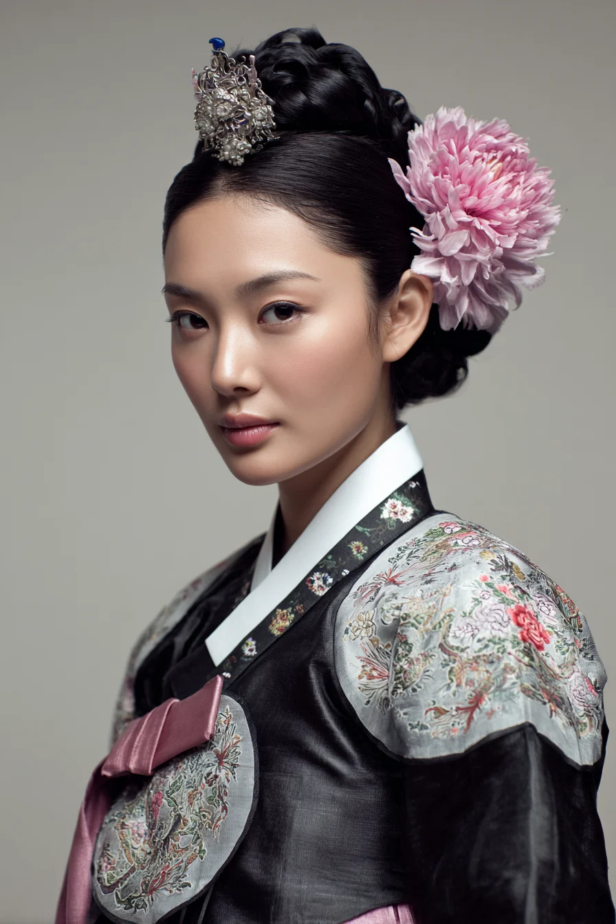 Sleek Traditional Korean Updo with Braided Crown and Floral Accent