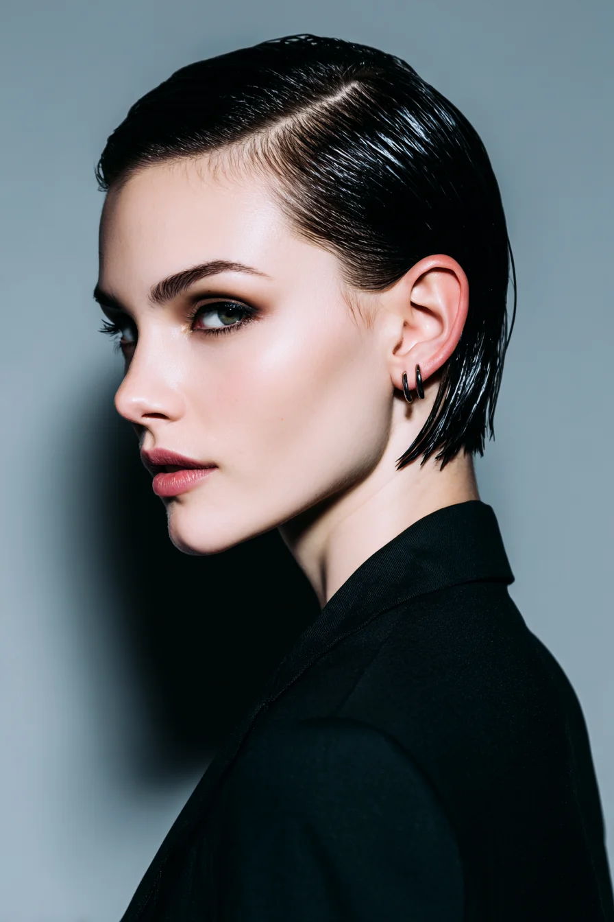 Sleek Wet‑Look Short Bob with Deep Side Part