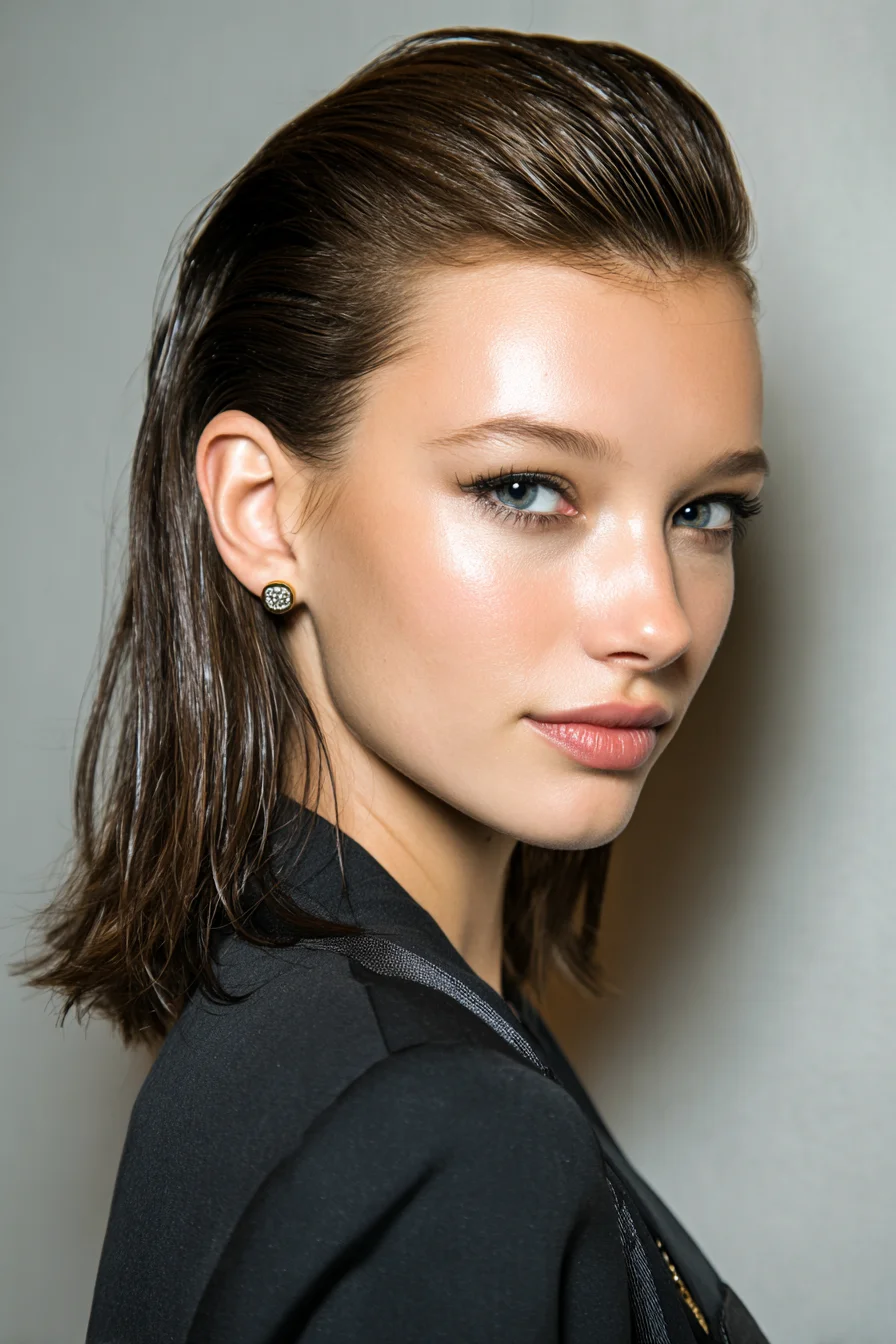 Sleek Wet-Look Slicked-Back Lob for Straight to Wavy Medium Hair