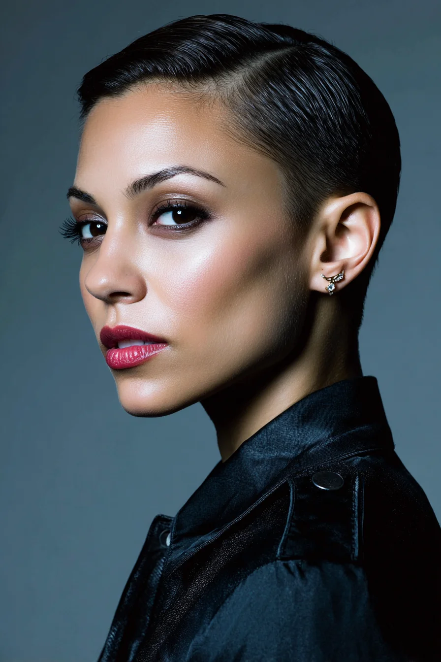Sleek Wet‑Look Tapered Pixie with Deep Side Part