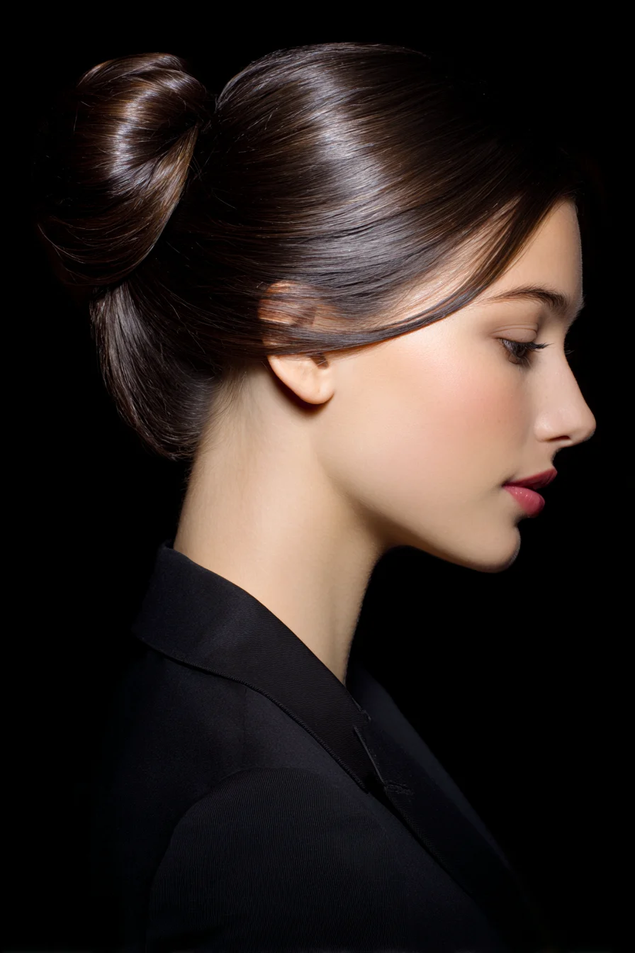 Sleek Wrapped Bun with Side‑Swept Fringe