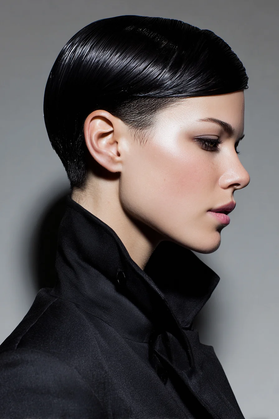 Slicked-Back Short Pixie with Low Undercut — High-Shine Wet Finish