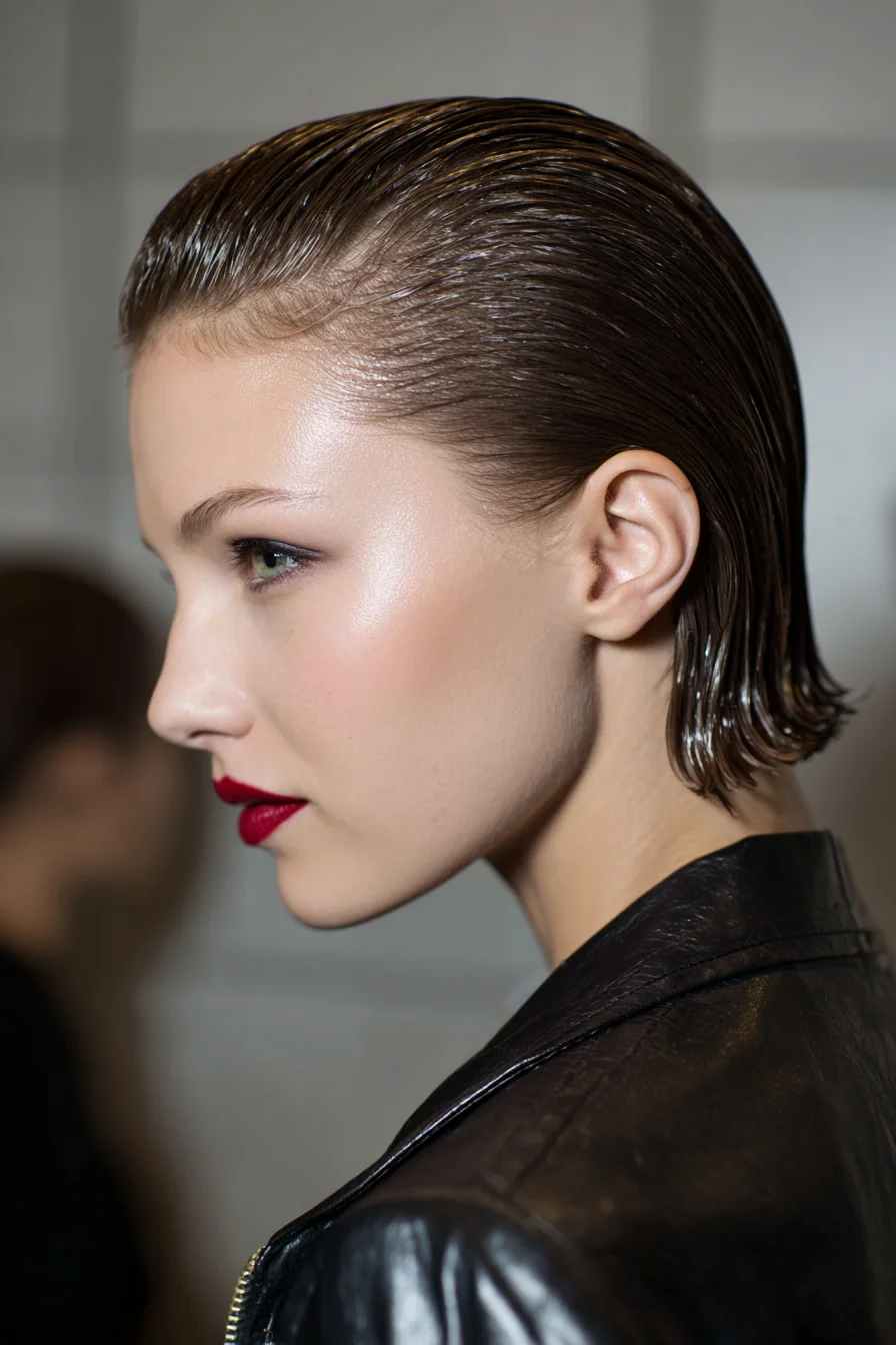 Slicked-Back Short Wet-Look Bob
