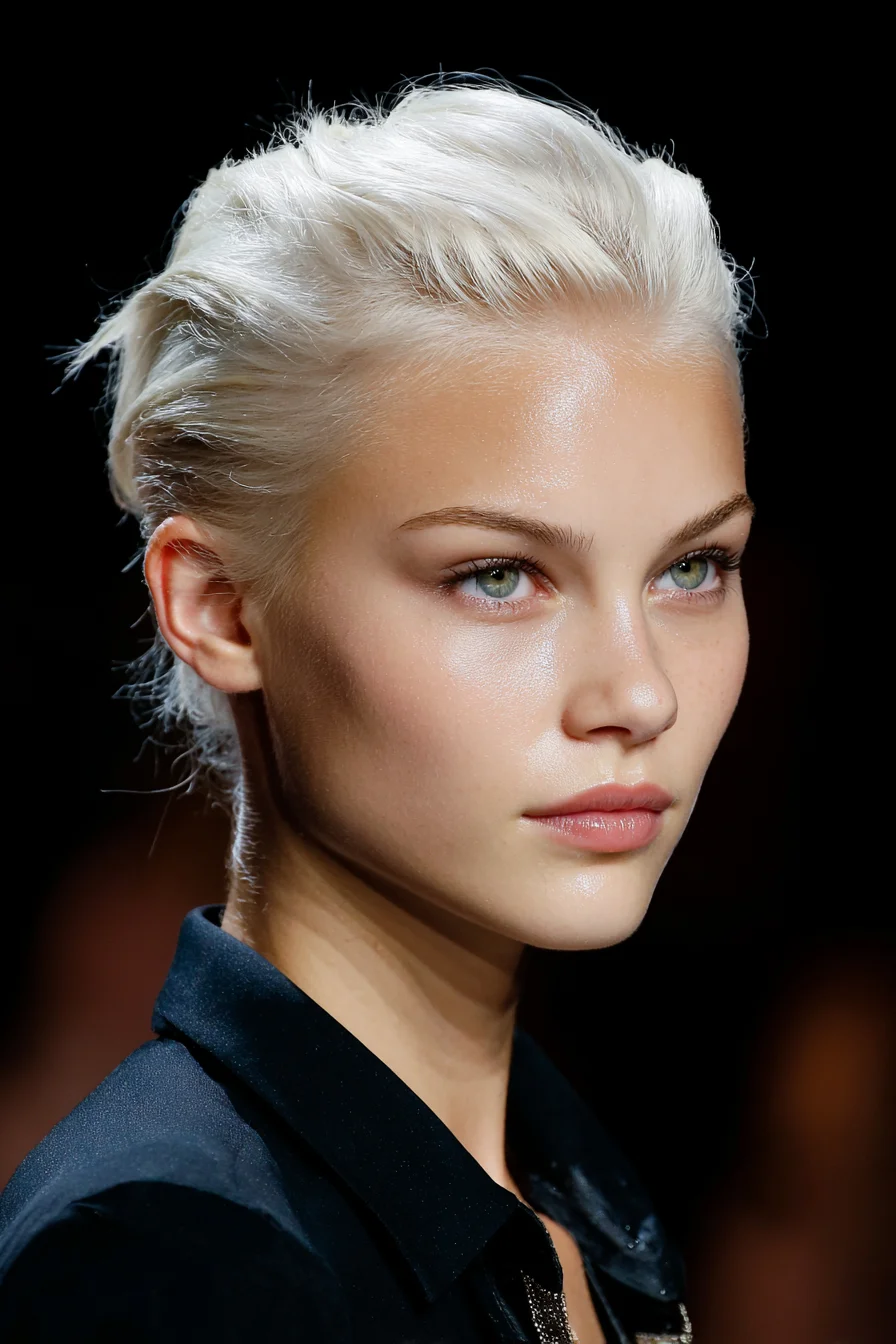 Slicked-Back Textured Pixie — Platinum Blonde Wet-Look Short Hairstyle