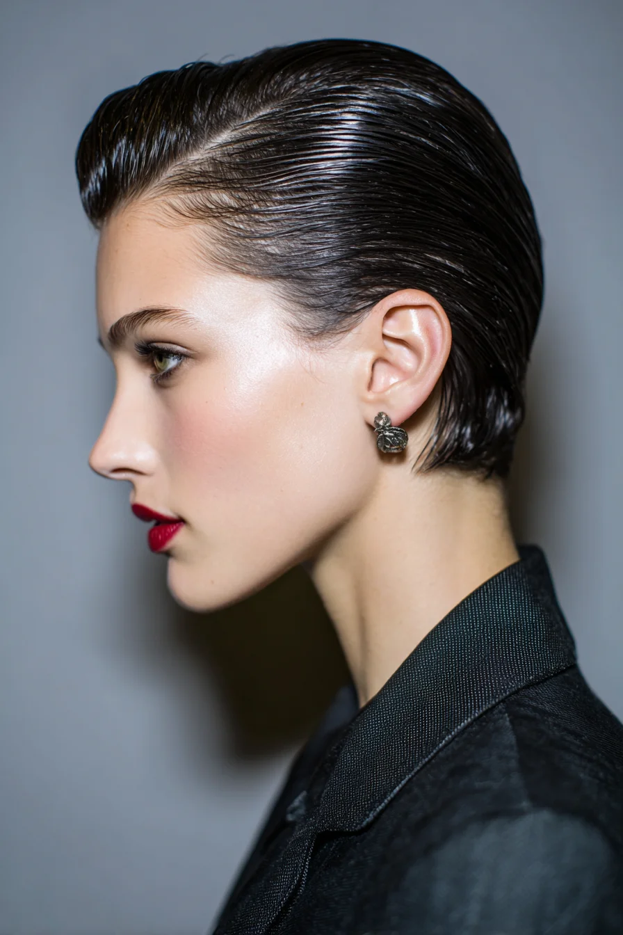 Slicked-Back Wet-Look Crop for Short Hair