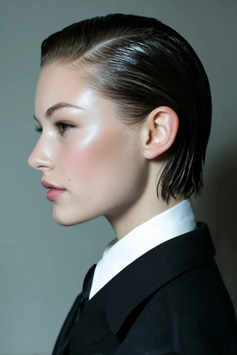 Slicked-Back Wet-Look Short Bob with Deep Side Part