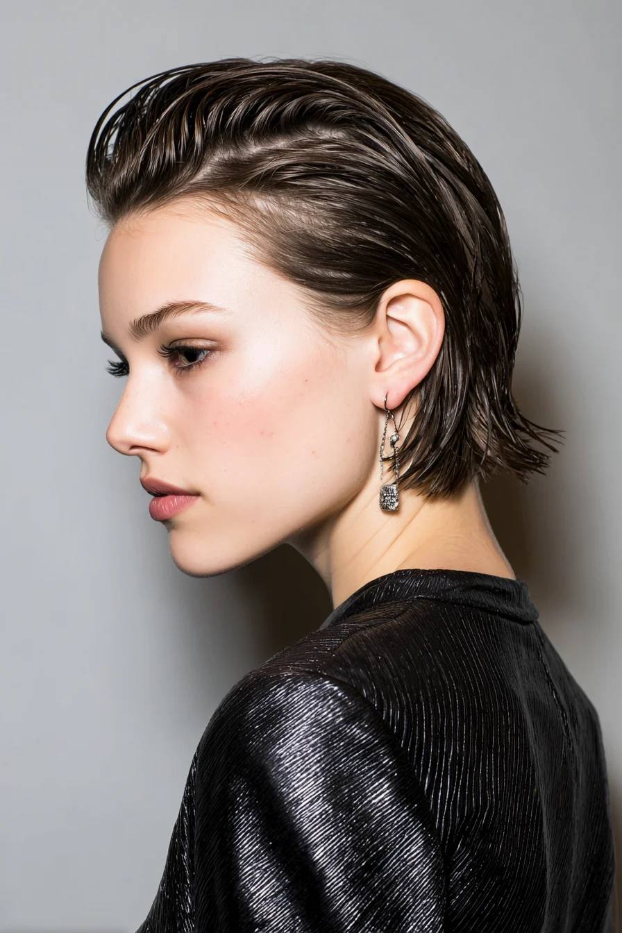 Slicked-Back Wet-Look Short Bob with Textured Ends