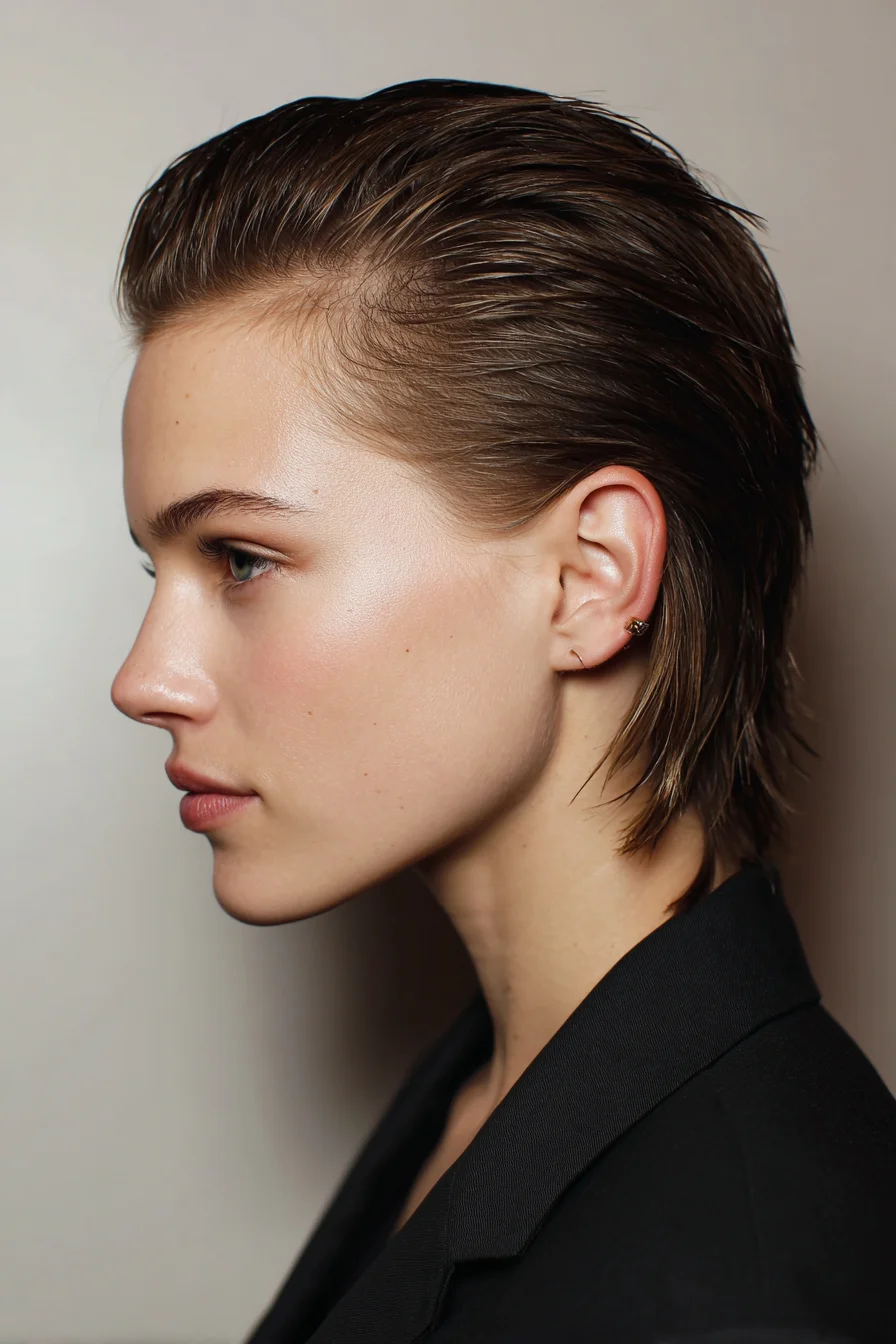 Slicked-Back Wet-Look Short Cut — Textured, Low-Maintenance Style