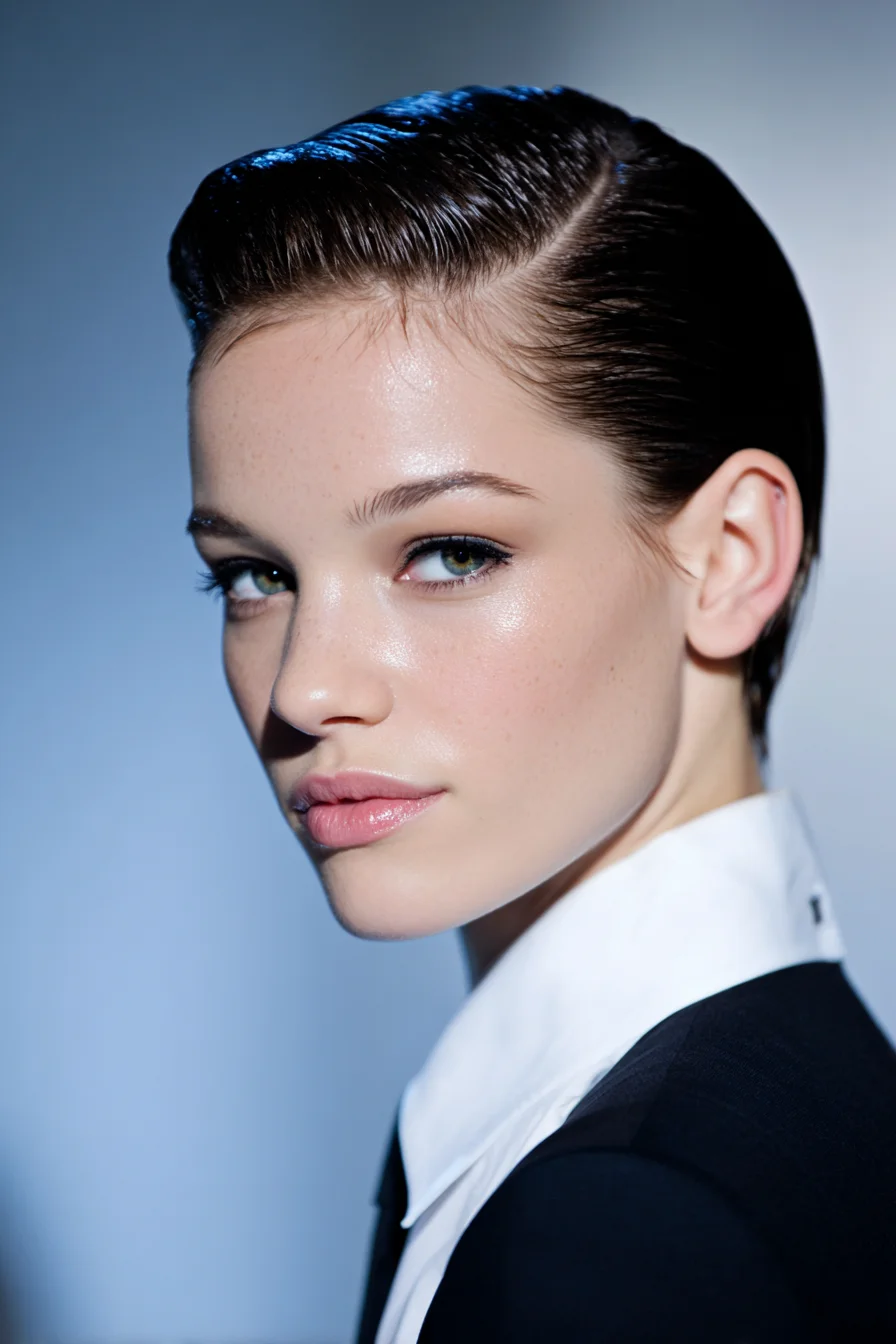 Slicked-Back Wet-Look Short Cut with Defined Side Part