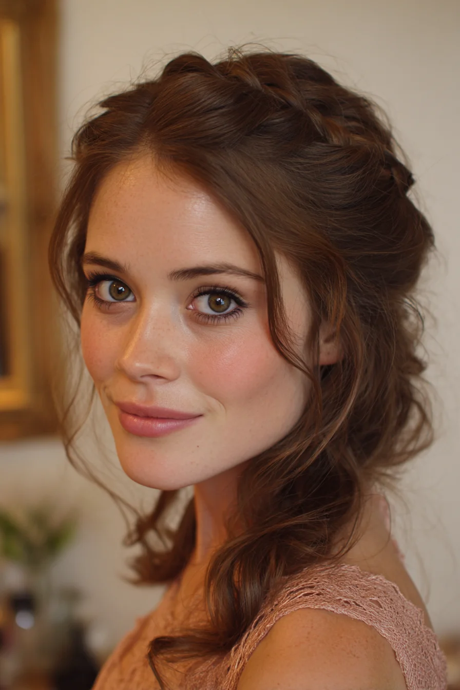 Soft Braided Half-Up with Loose Waves and Face‑Framing Tendrils