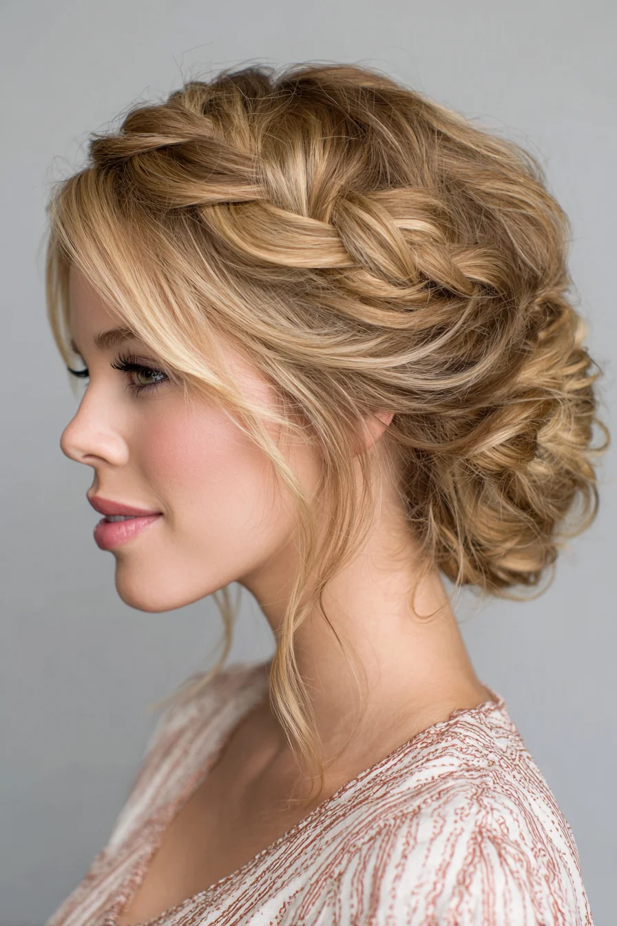 Soft Braided Low Bun Updo with Face‑Framing Tendrils