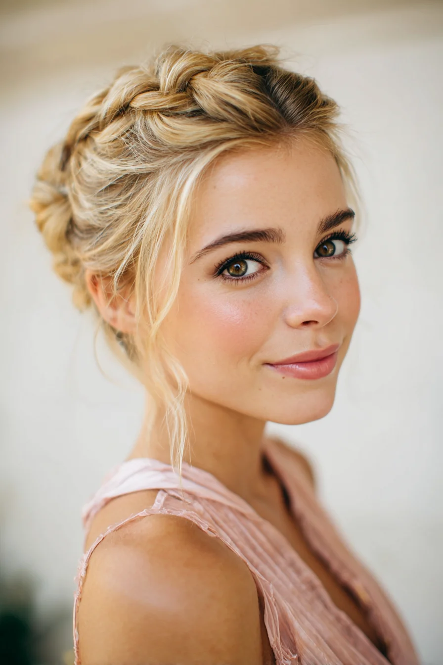 Soft Crown Braid with Face‑Framing Tendrils — Textured Updo for Medium to Long Hair