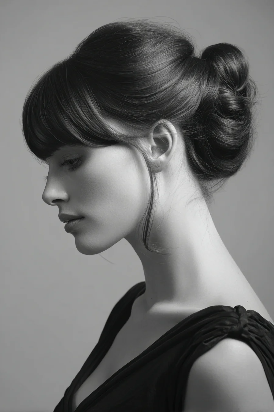 Soft Low Chignon with Side‑Swept Fringe and Face‑Framing Tendrils