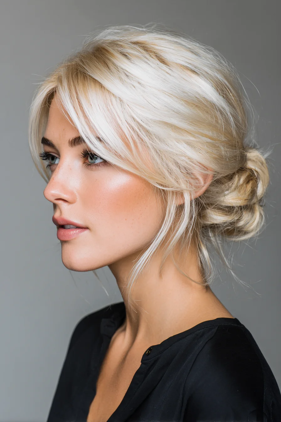 Soft Messy Low Bun with Face-Framing Blonde Layers