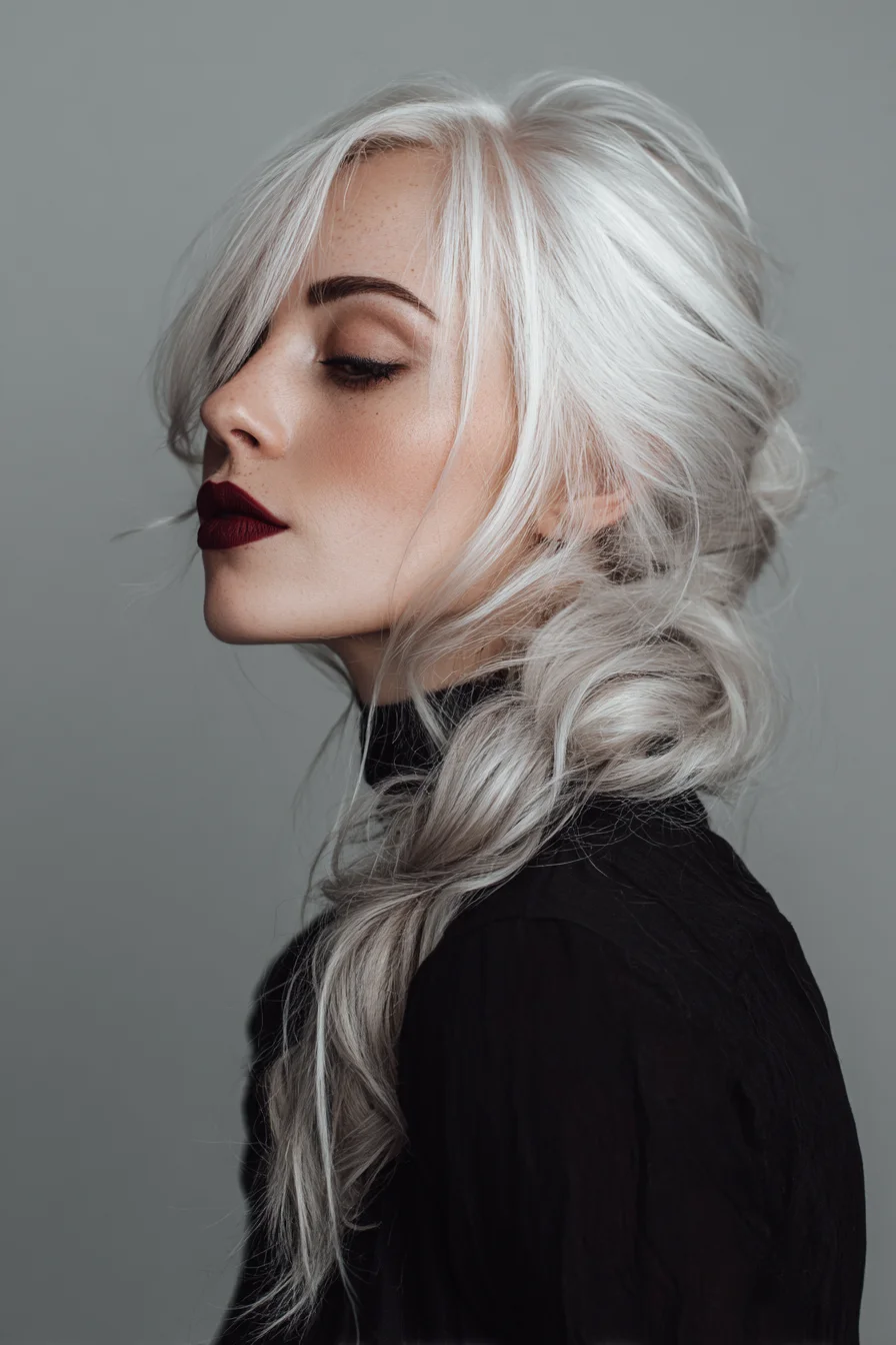 Soft Messy Side Braid with Face‑Framing Layers for Silver/Platinum Hair