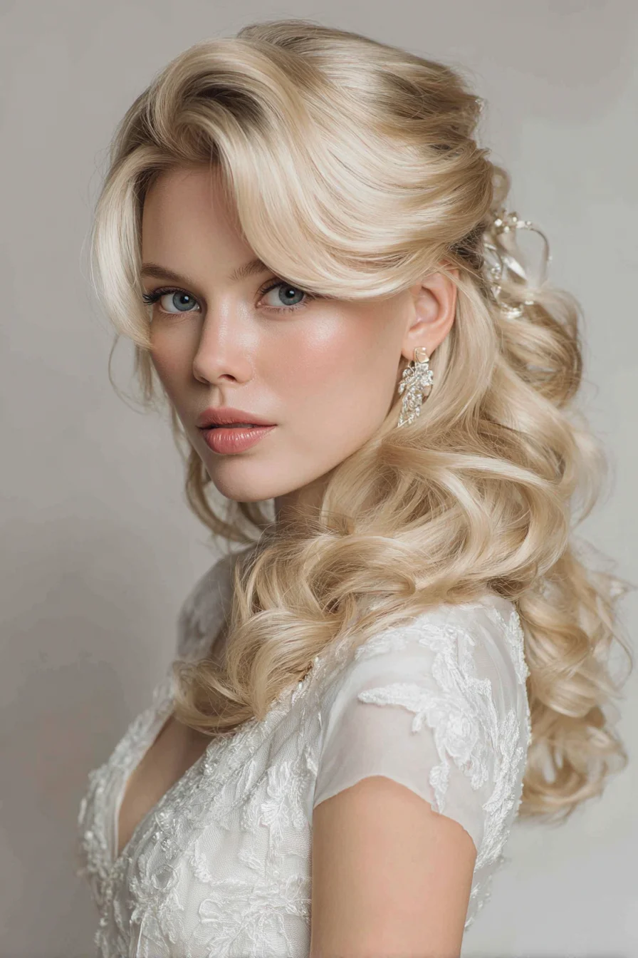 Soft Romantic Half-Up Bridal Waves with Face-Framing Curtain Bangs