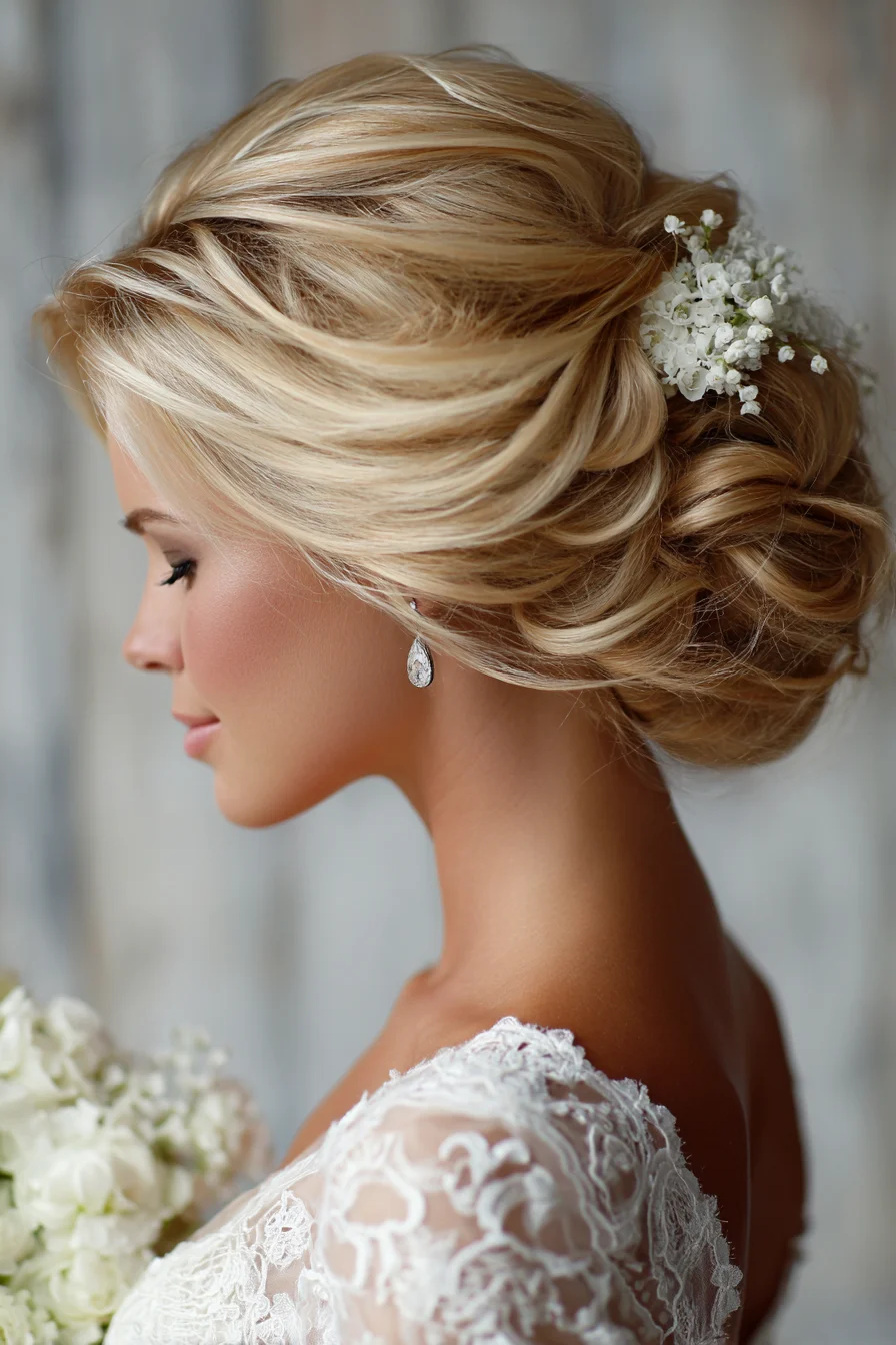Soft Romantic Low Chignon with Textured Waves and Floral Accent