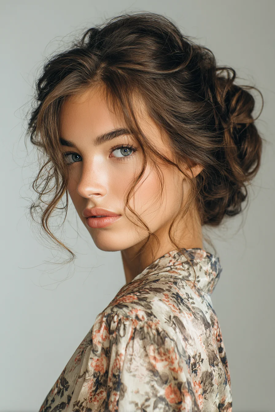 Soft Romantic Messy Low Updo with Face‑Framing Tendrils