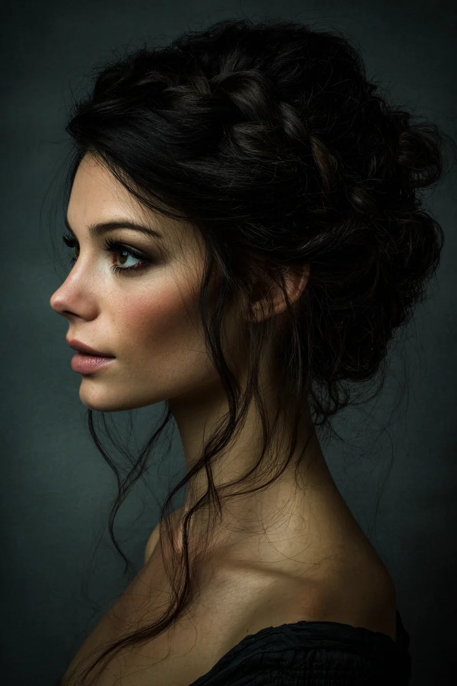 Soft Textured Braided Low Bun with Face‑Framing Tendrils