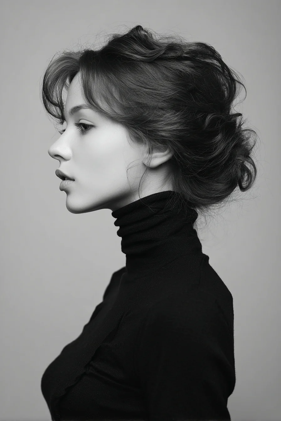 Soft Textured Low Messy Bun with Face‑Framing Curtain Bangs