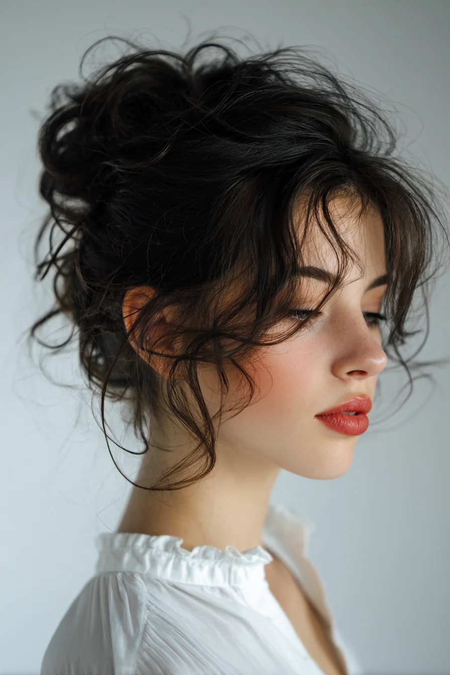 Soft Textured Messy Updo with Face‑Framing Tendrils