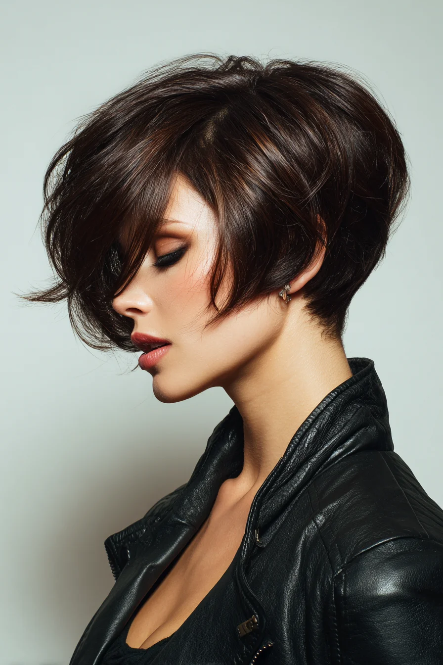 Stacked Textured Asymmetrical Bob with Long Side Fringe