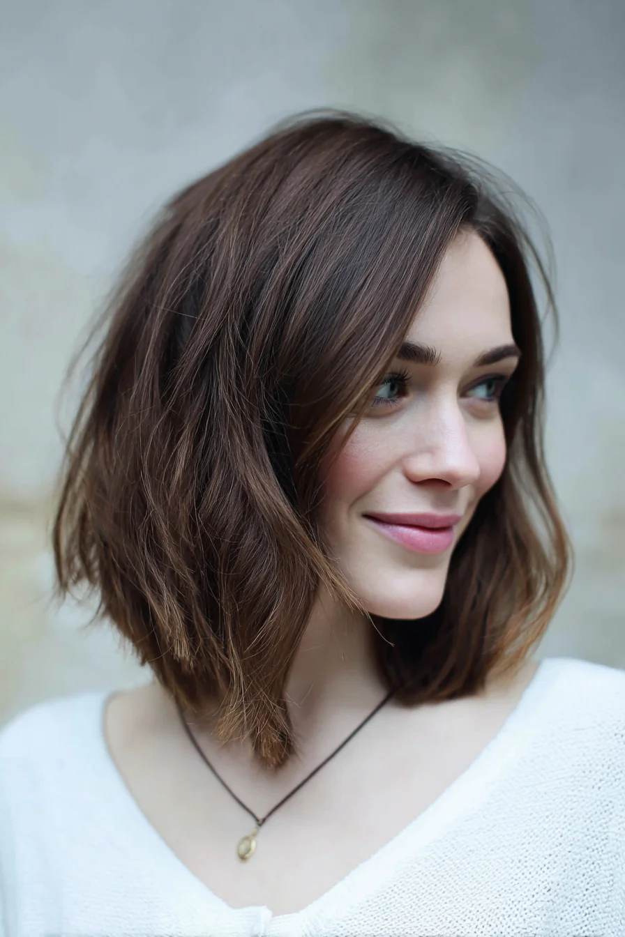 Textured Angled Lob with Soft Layers and Natural Waves