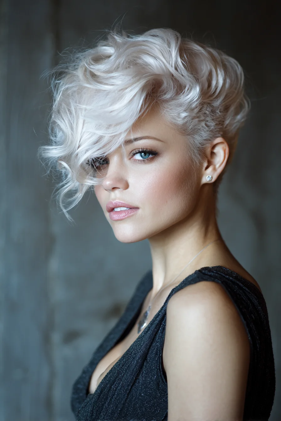 Textured Asymmetric Pixie with Long Wavy Fringe — Platinum Blonde