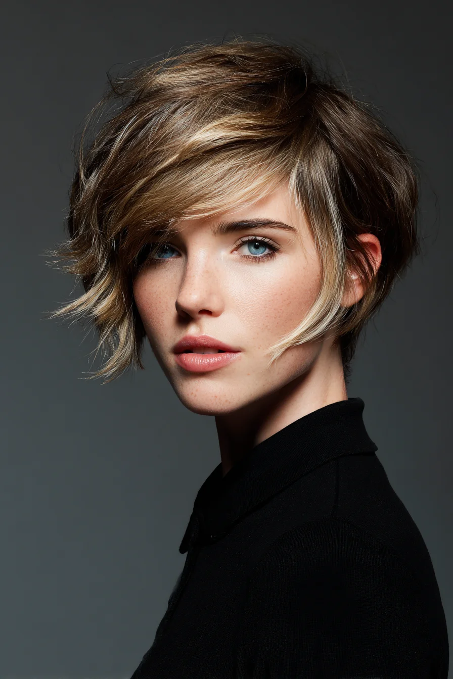 Textured Asymmetrical Pixie with Side‑Swept Fringe — Short Layered Cut