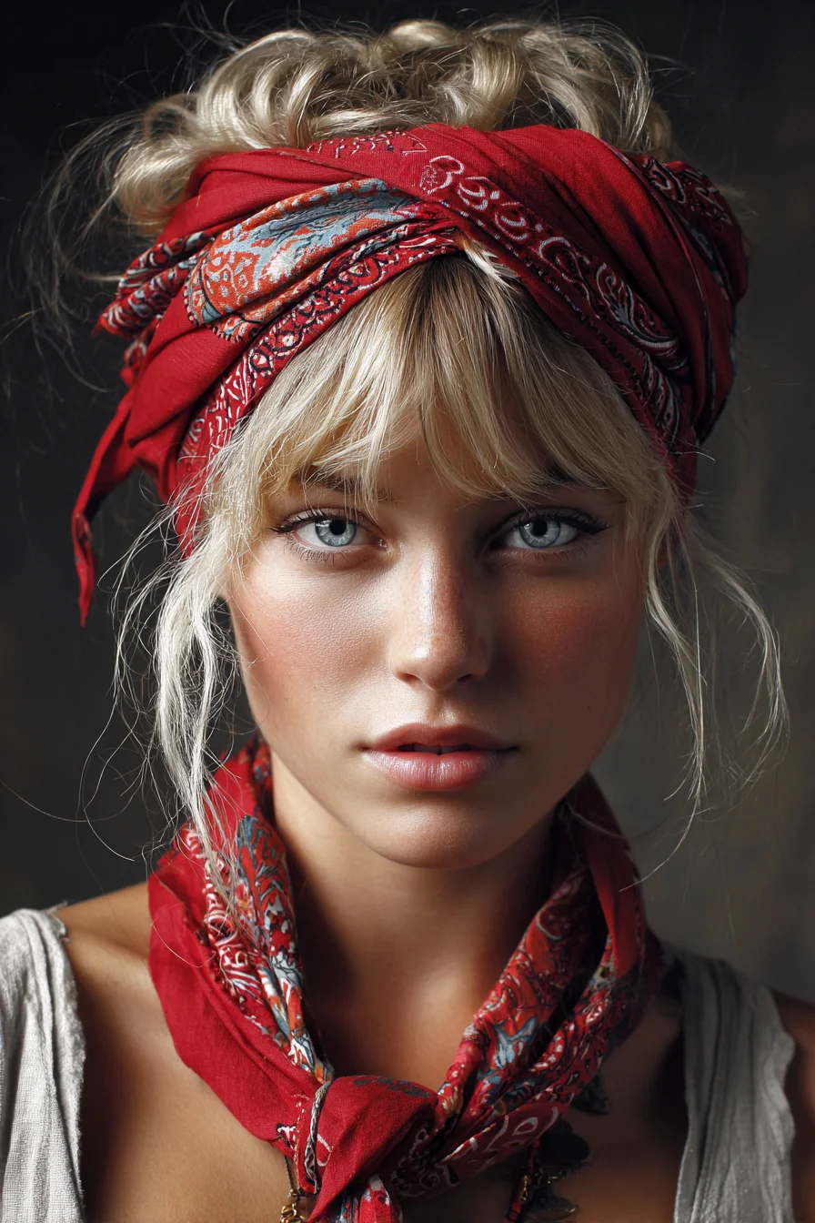 Textured Blonde Messy Topknot with Bandana and Curtain Bangs