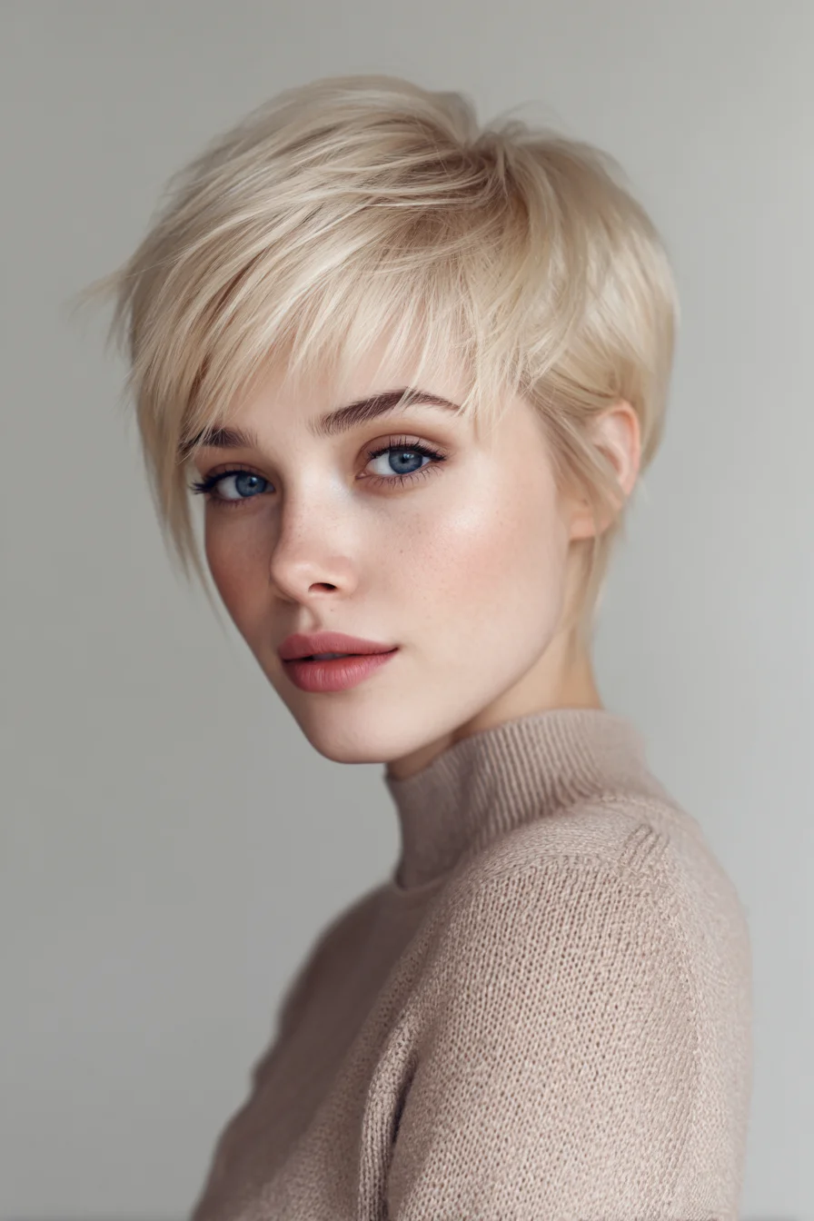 Textured Blonde Pixie Cut with Side-Swept Fringe