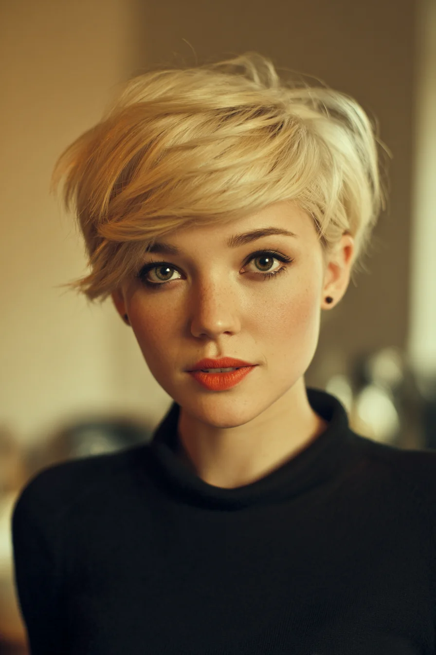 Textured Blonde Pixie Cut with Side‑Swept Fringe