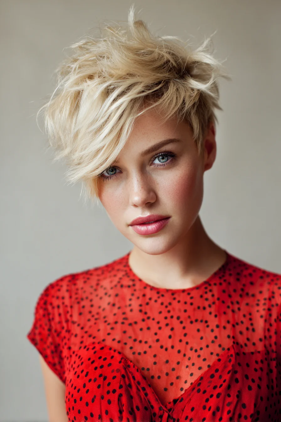 Textured Blonde Pixie Cut with Side‑Swept Fringe