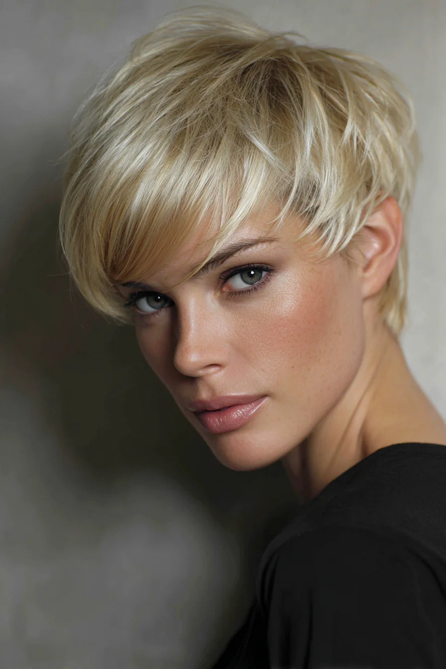Textured Blonde Pixie with Long Side Fringe