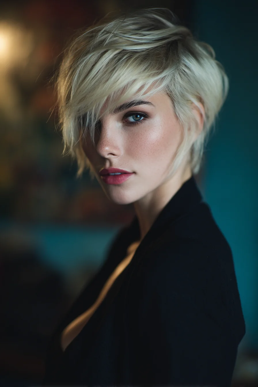 Textured Blonde Pixie with Long Side‑Swept Fringe