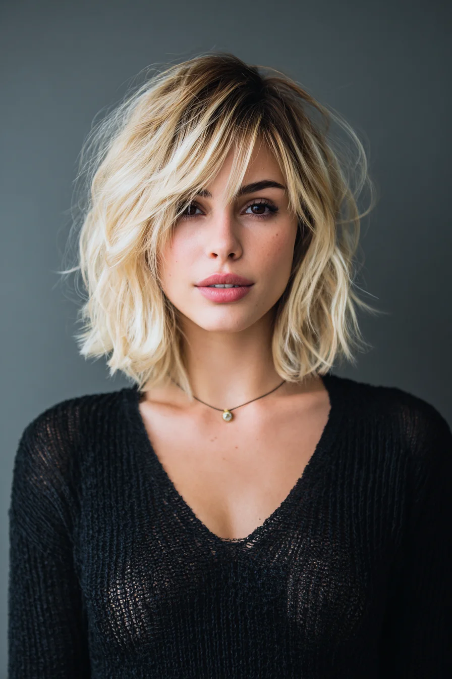 Textured Blonde Shag Bob with Piecey Side Bangs