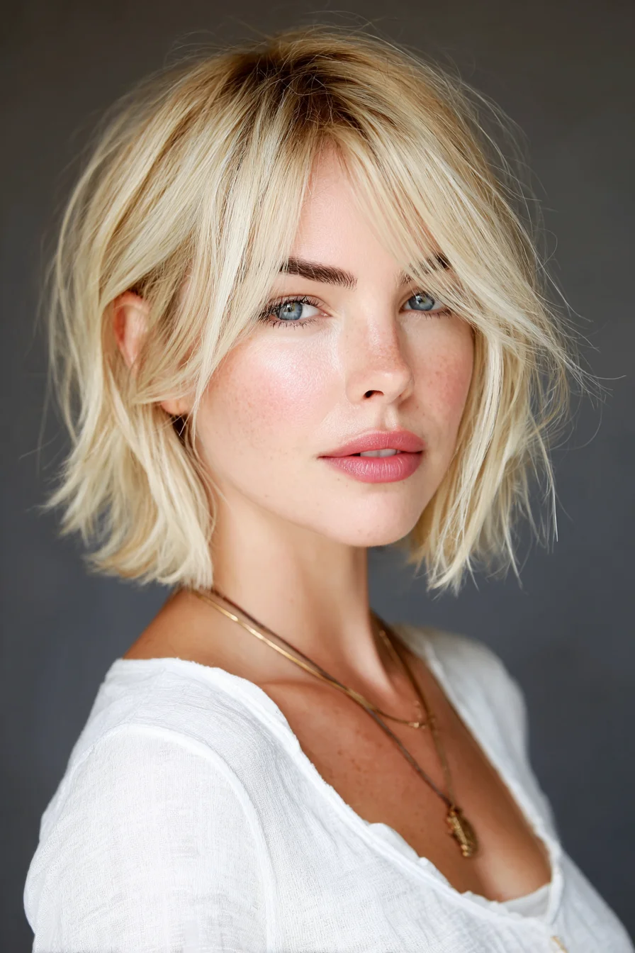 Textured Blonde Shag Bob with Soft Curtain Bangs