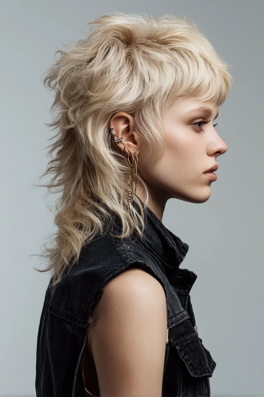 Textured Blonde Shag Mullet with Short Fringe