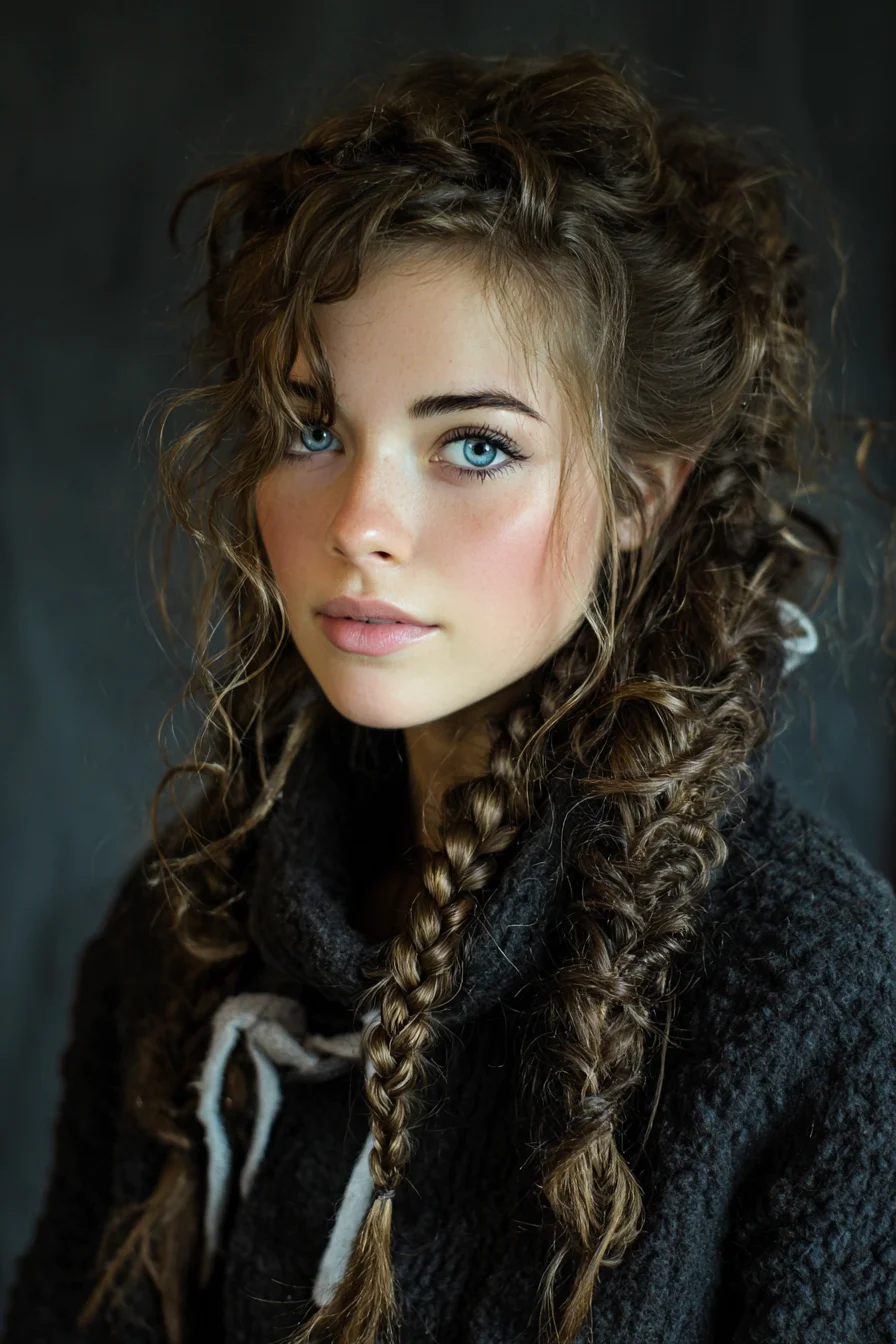 Textured Boho Braids with Loose Curly Face-Framing Tendrils