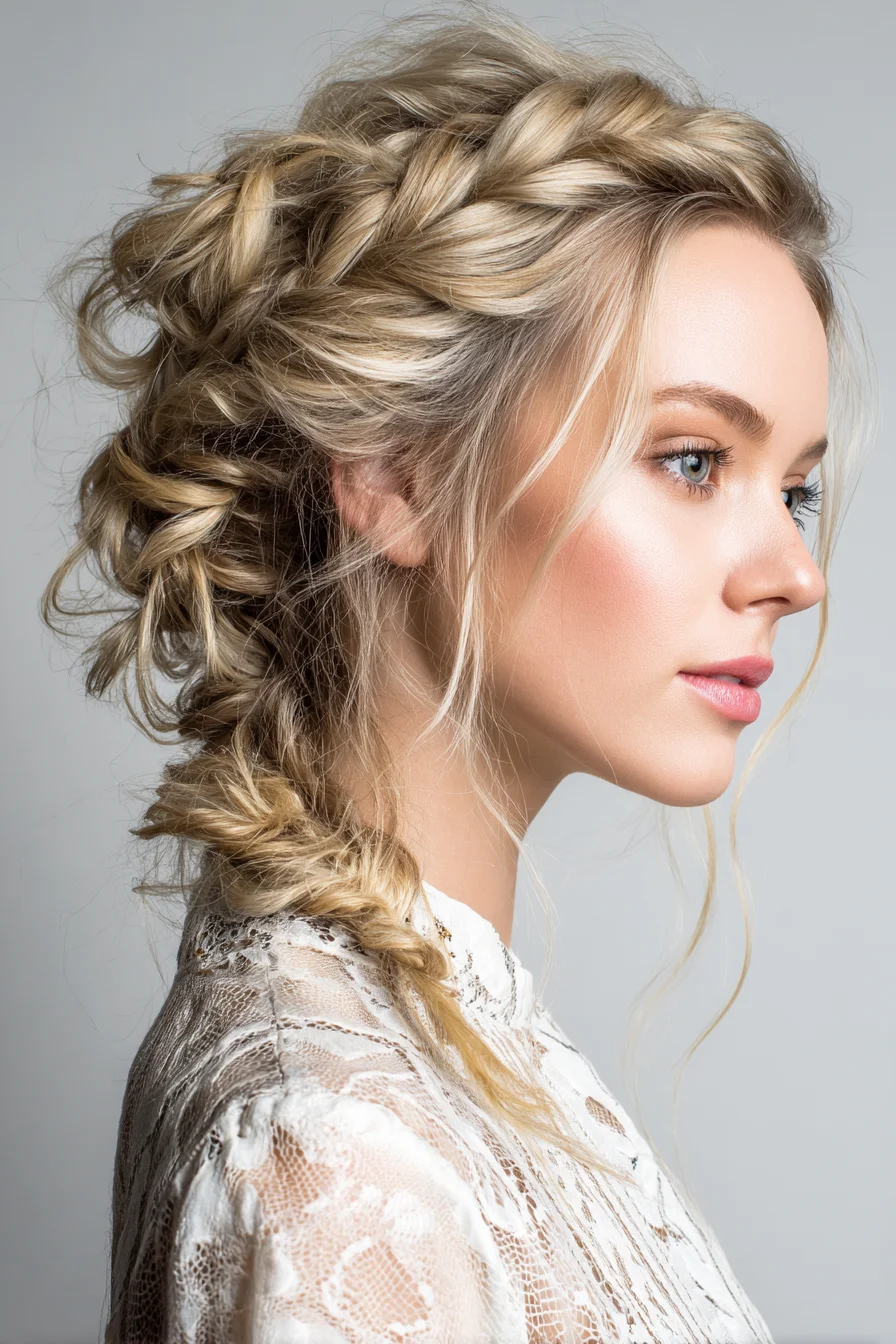 Textured Boho Crown Braid with Low Fishtail Updo