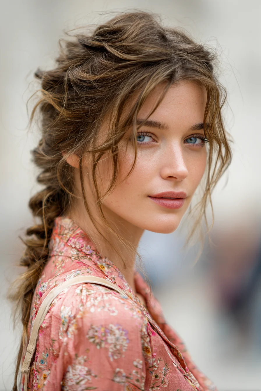 Textured Boho Low Braid with Soft Face‑Framing Tendrils